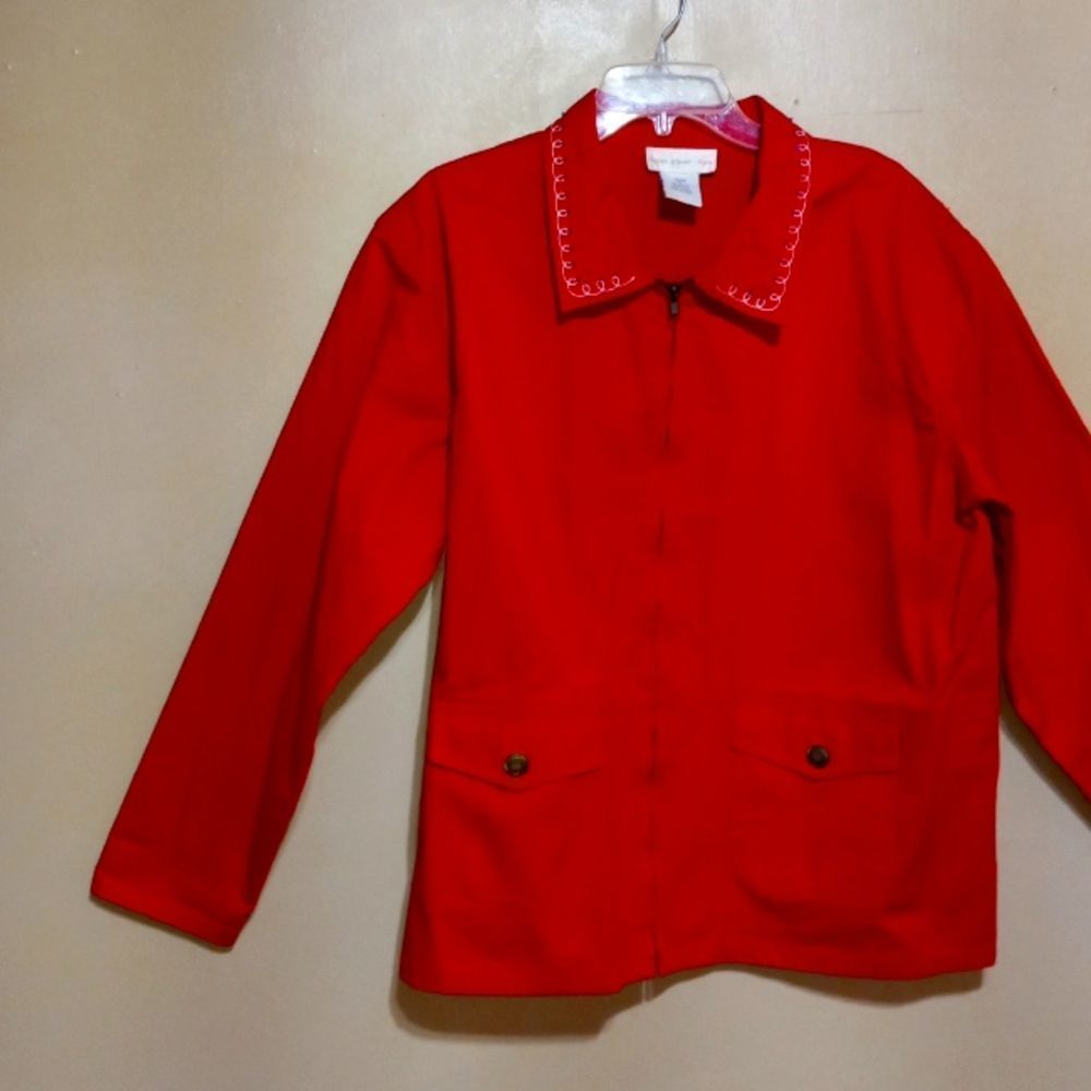 Vtg 90s SUSAN GRAVER Style HEART beads red denim cotton, zip front shracket, 2X